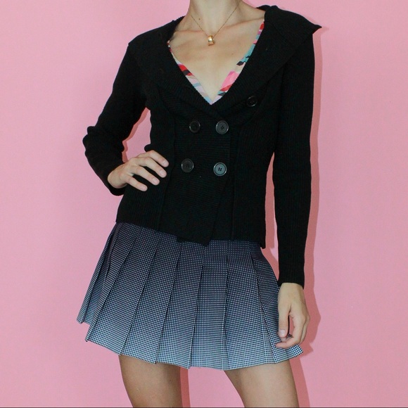 VTG y2k Black Ribbed Knit Double-Breasted Long Sleeve Hoodie Cardigan - Small - Picture 2 of 10